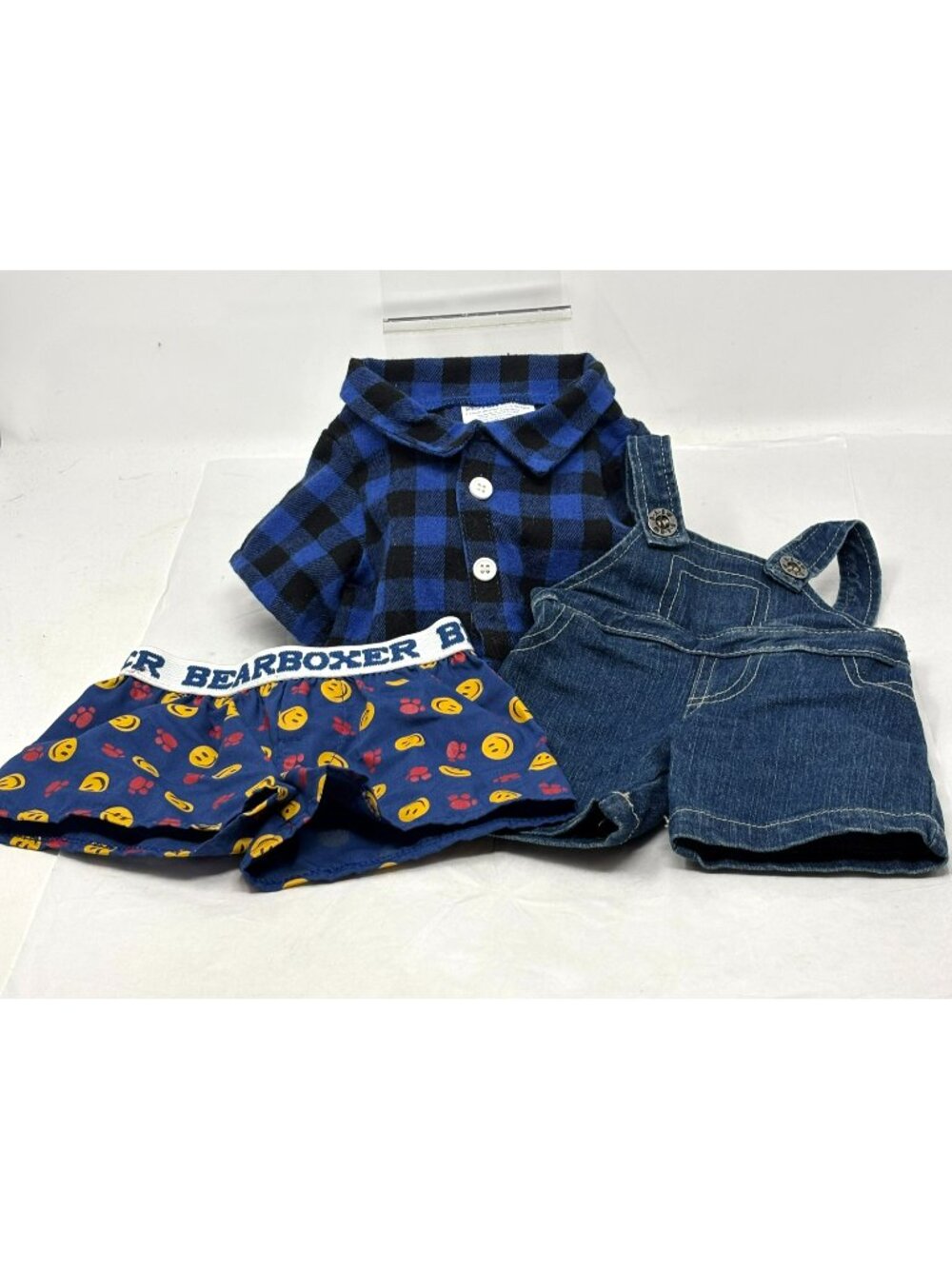 BUILD-A-BEAR Clothing Outfit Lot Blue Flannel Shirt Overalls Boxers Smiley Face